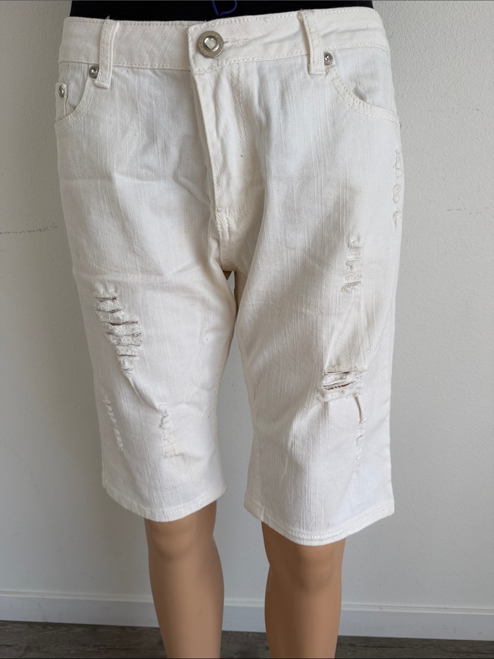 Women’s White Distressed Bermuda Shorts